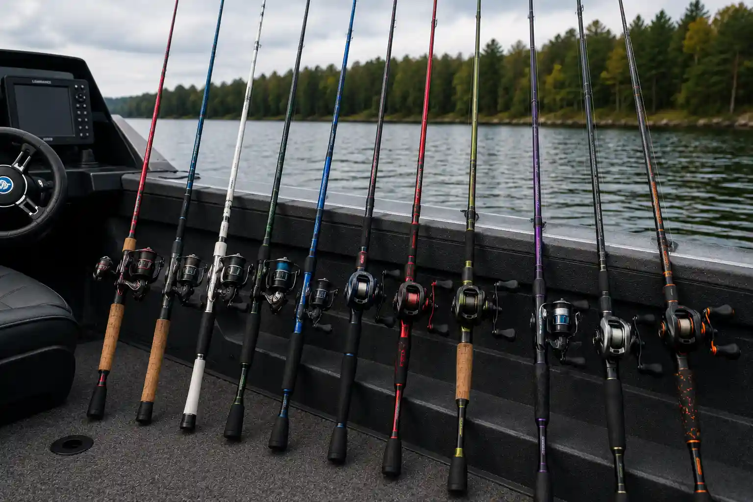 Best pike rods lined up on a boat deck ready for testing