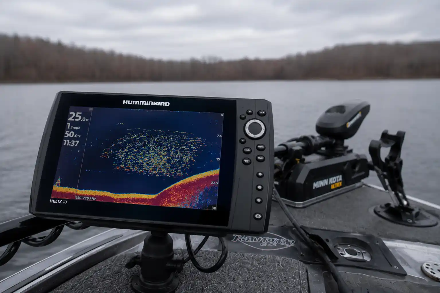 Fish finder showing a baitfish school during fall pike fishing