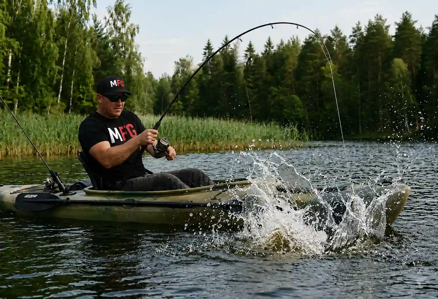 Angler fighting a fish on a kayak, illustrating the intense battle typical of hooking a pike or muskie on light tackle