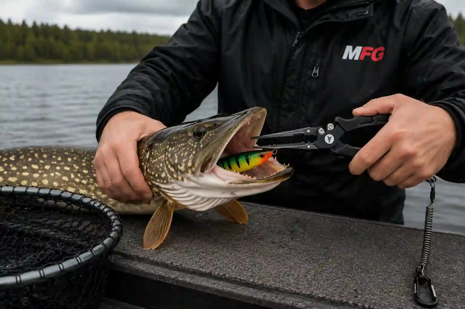 Pike fishing pliers removing a hook from a northern pike