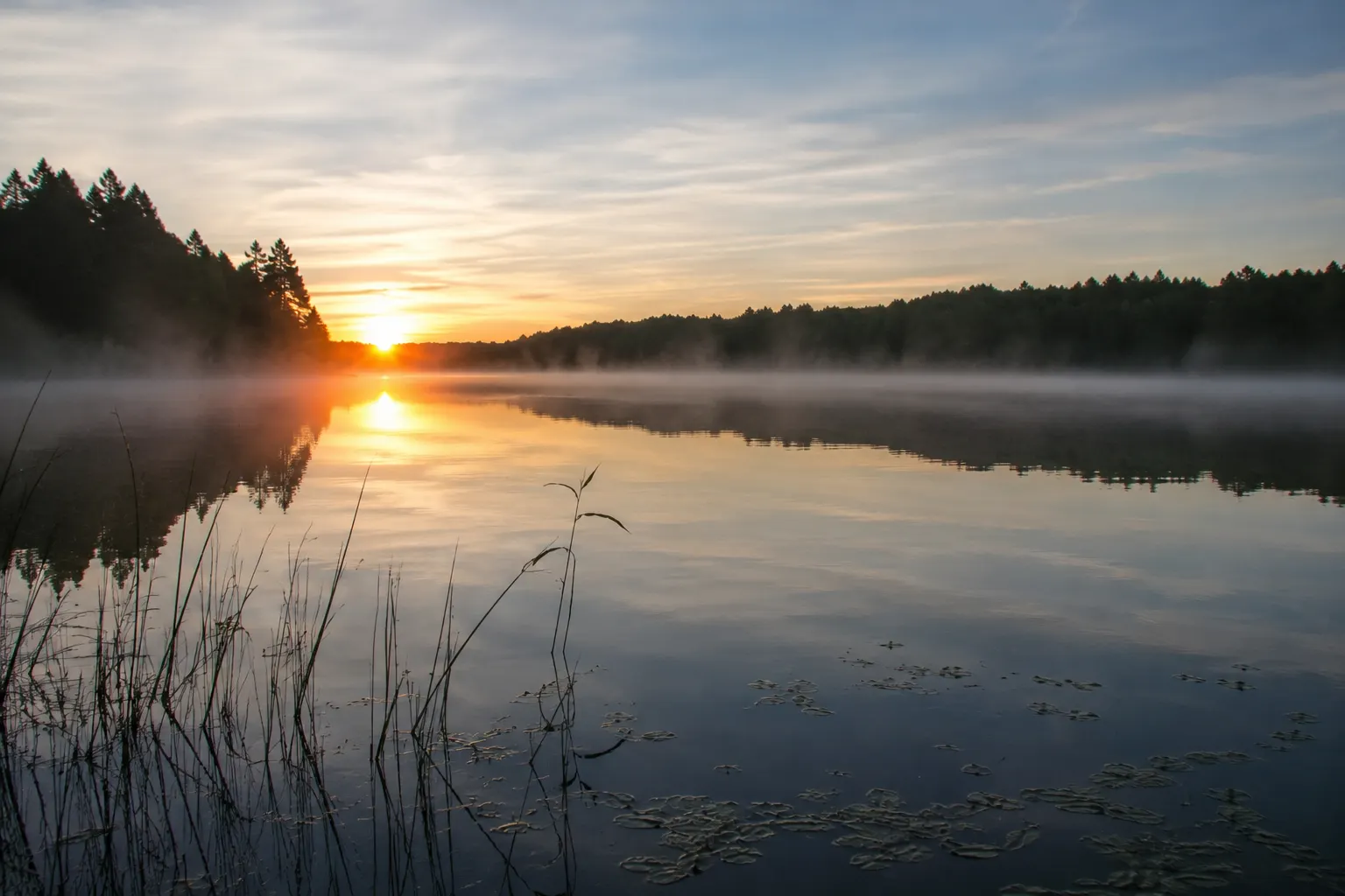 Sunrise over a calm freshwater lake during prime pike fishing hours