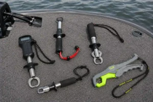 Selection of the best pike lip grips laid out on a boat deck for comparison.