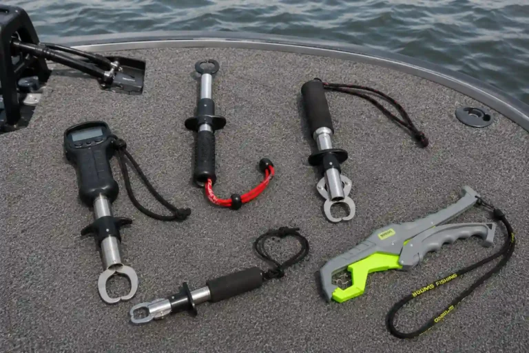 Selection of the best pike lip grips laid out on a boat deck for comparison.