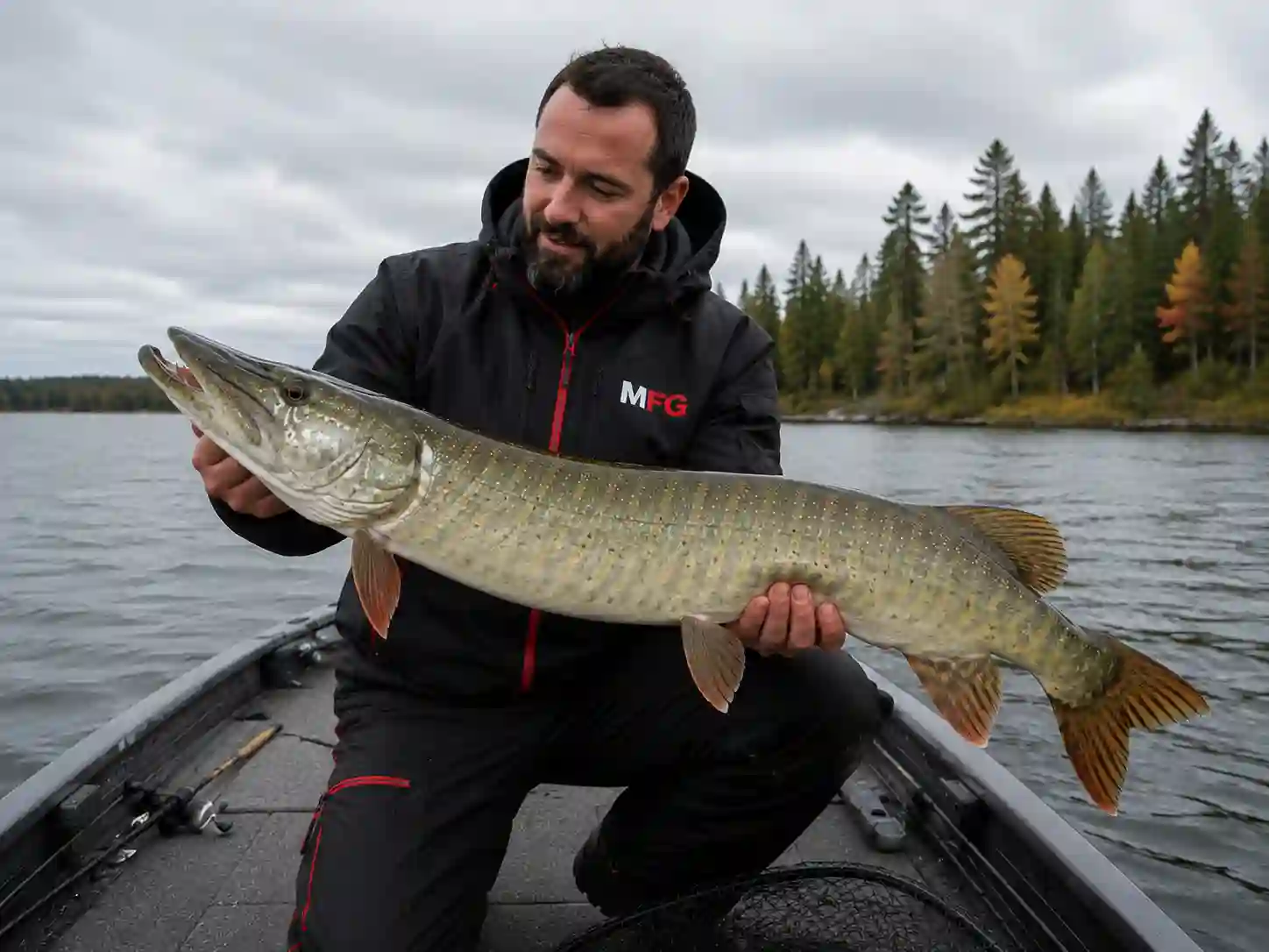Angler holding a muskie caught on a lake where pike are also present, showing its long, lean body, narrow head, and sharply forked tail