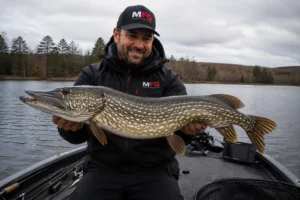 MFG pike fishing angler holding a large northern pike in a fishing boat