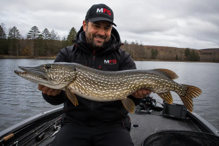 MFG pike fishing angler holding a large northern pike in a fishing boat