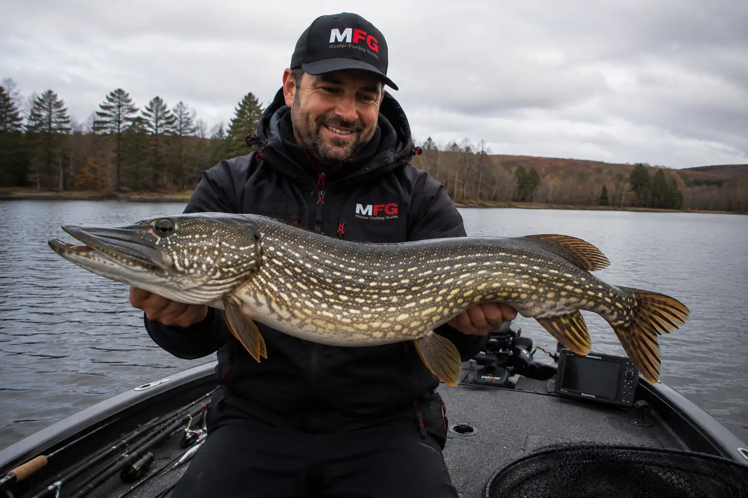 MFG pike fishing angler holding a large northern pike in a fishing boat
