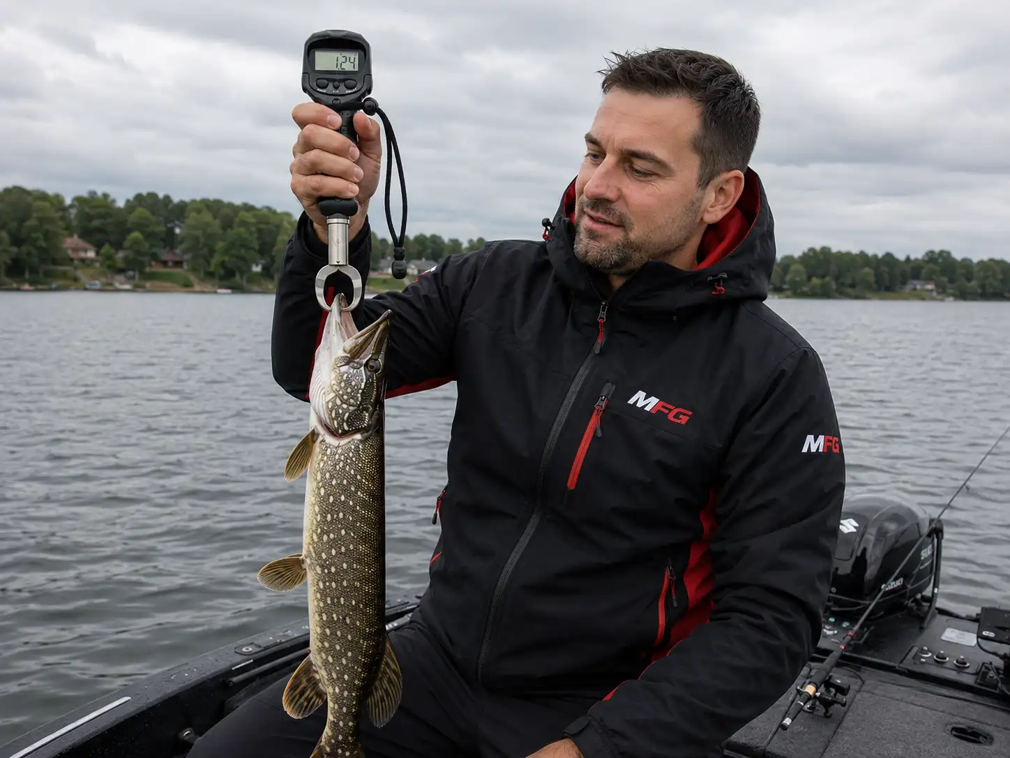 MFG angler weighing a 2.7lb pike (1.24kg) with the Piscifun digital scale lip grip