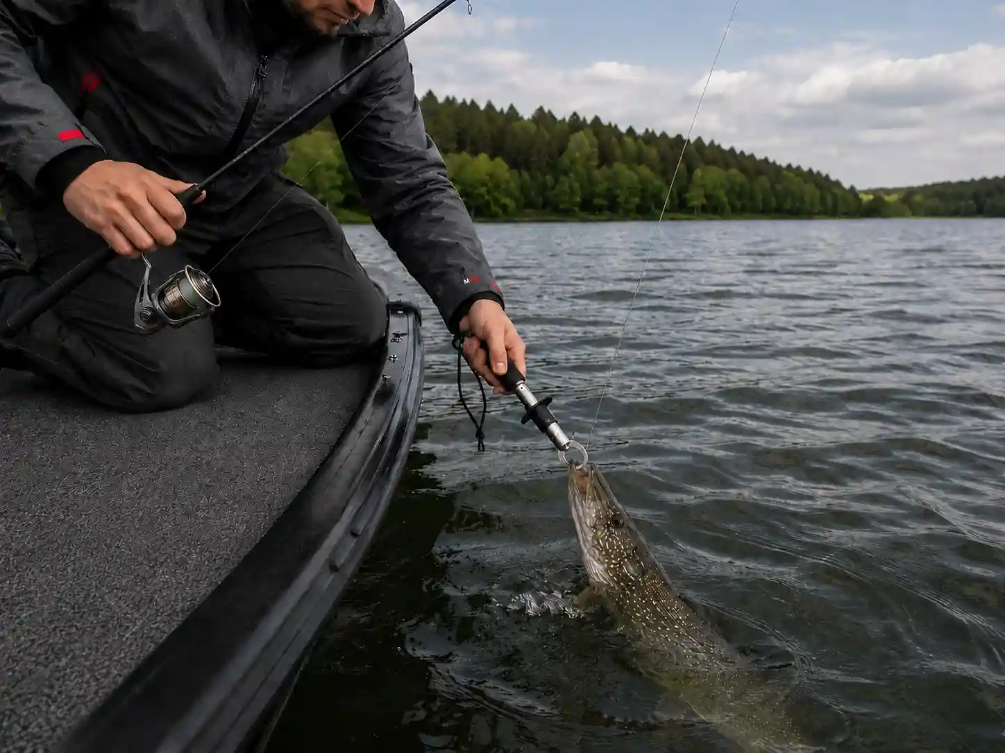 MFG angler using a Boga Grip to lift a 70cm pike from the water