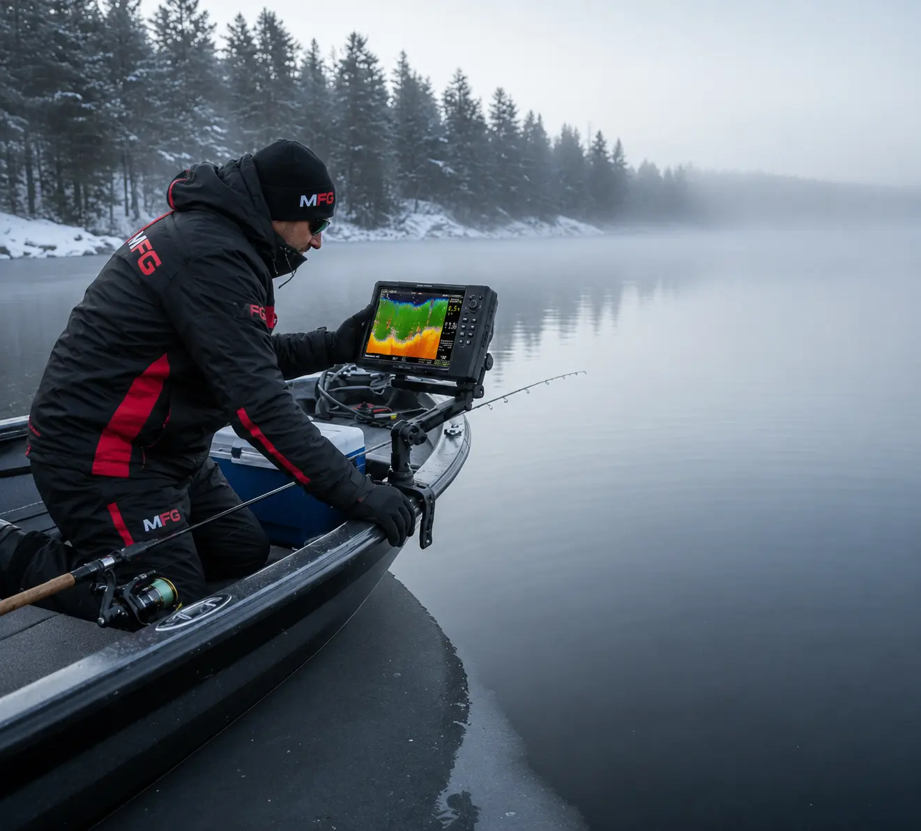 MFG angler using a fish finder during winter field testing on an icy lake