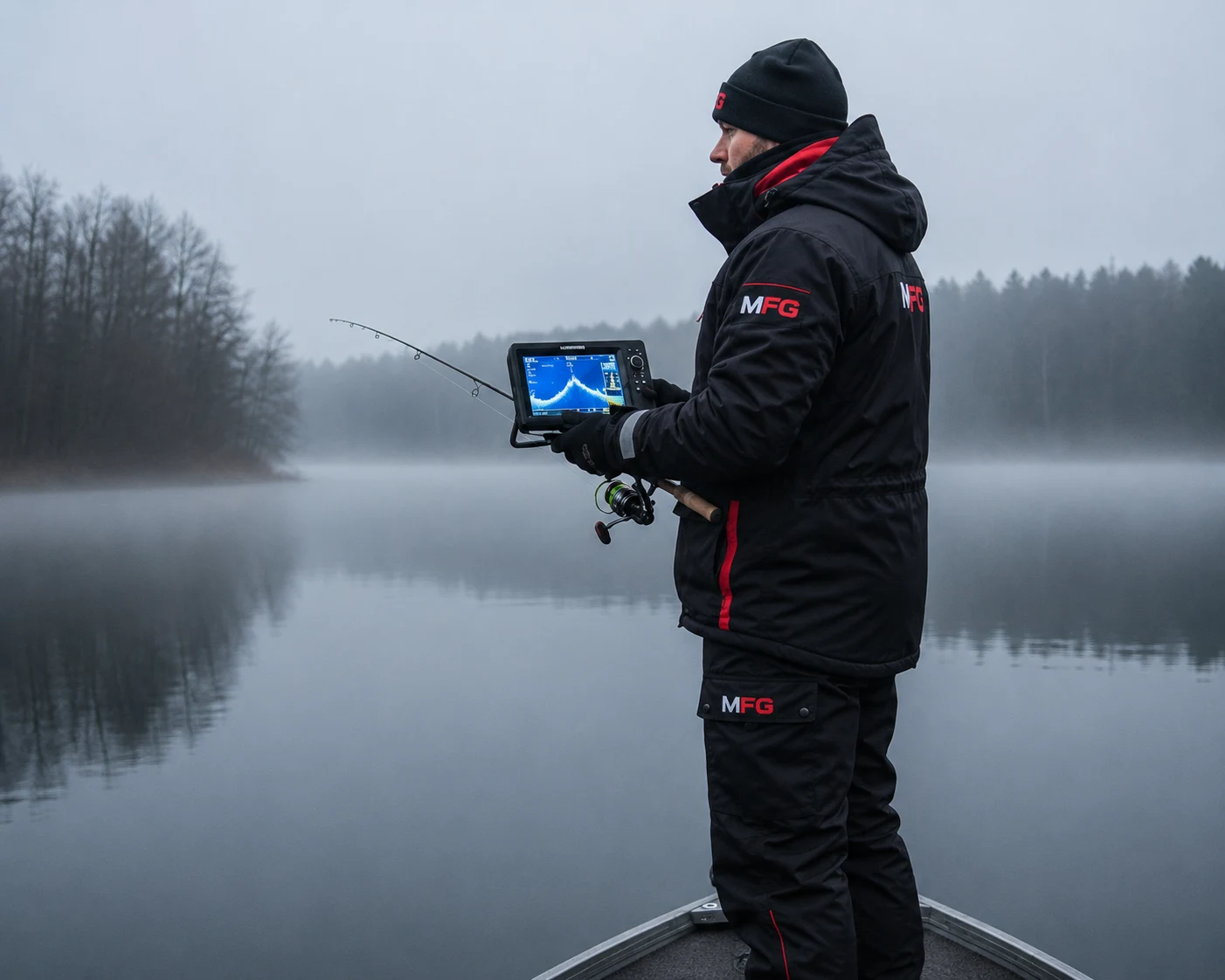 MFG team members holding a fish finder on a cold morning lake