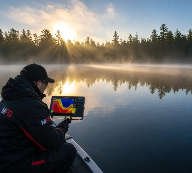 angler using fish finder on cold lake with visible fish underwater