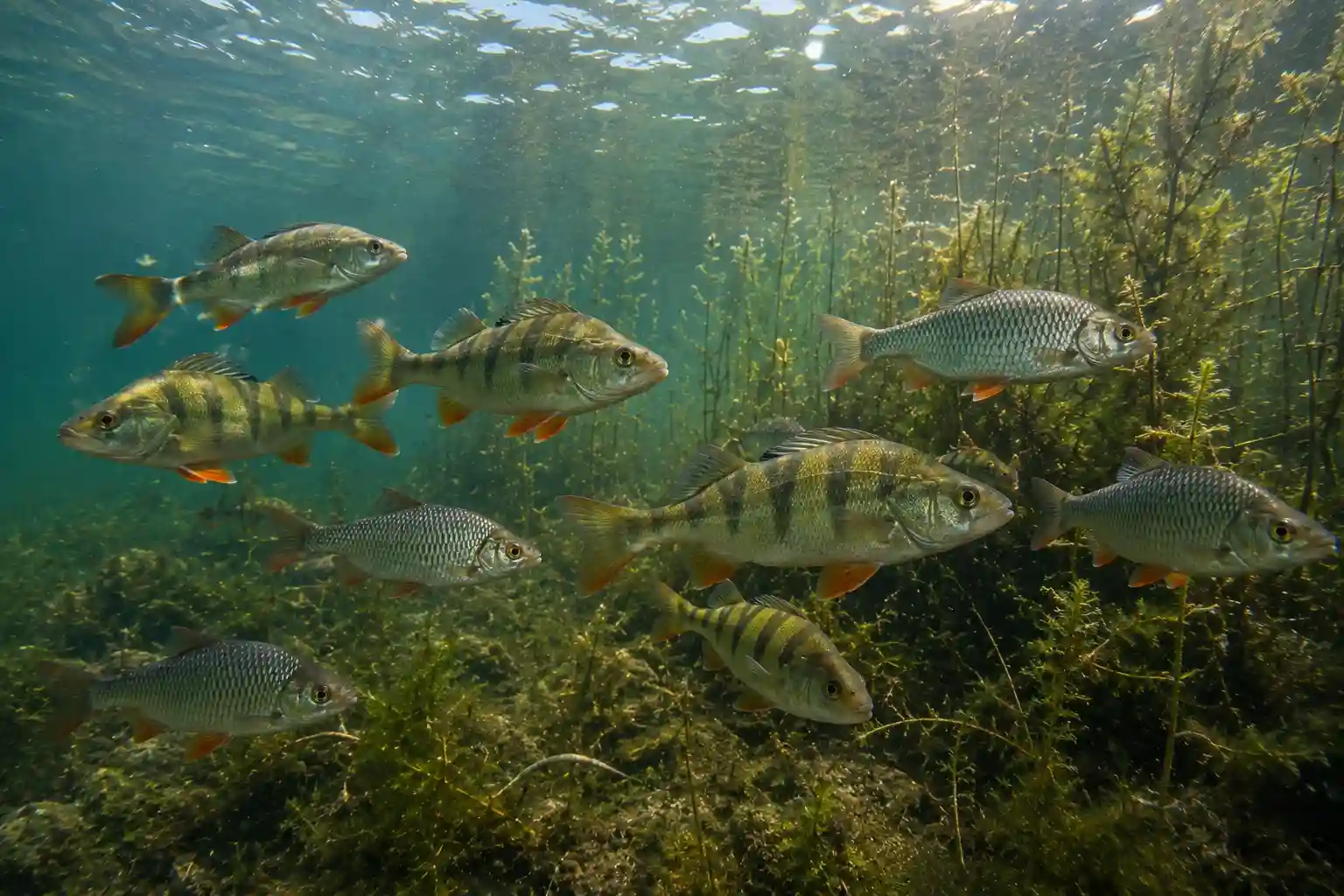School of perch and roach, common northern pike prey fish, swimming near underwater vegetation