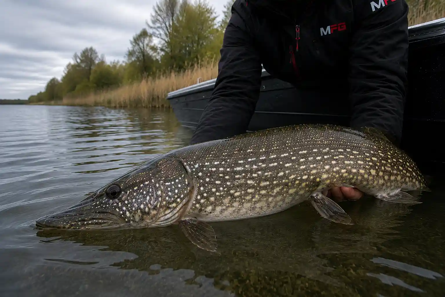 MFG angler gently holding an old, mature northern pike at the water's surface before release