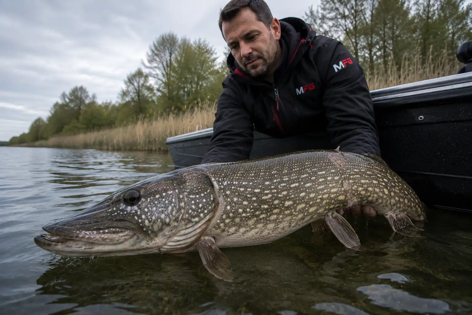 Angler safely handling a northern pike at the water's surface before release