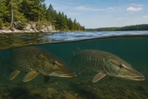 Pike vs Muskie comparison showing a northern pike and a muskie underwater with their key identification differences