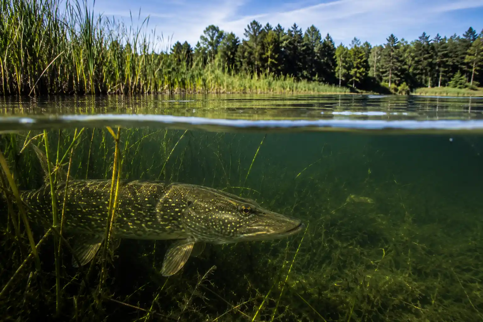 Northern pike resting among underwater reeds in a shallow lake