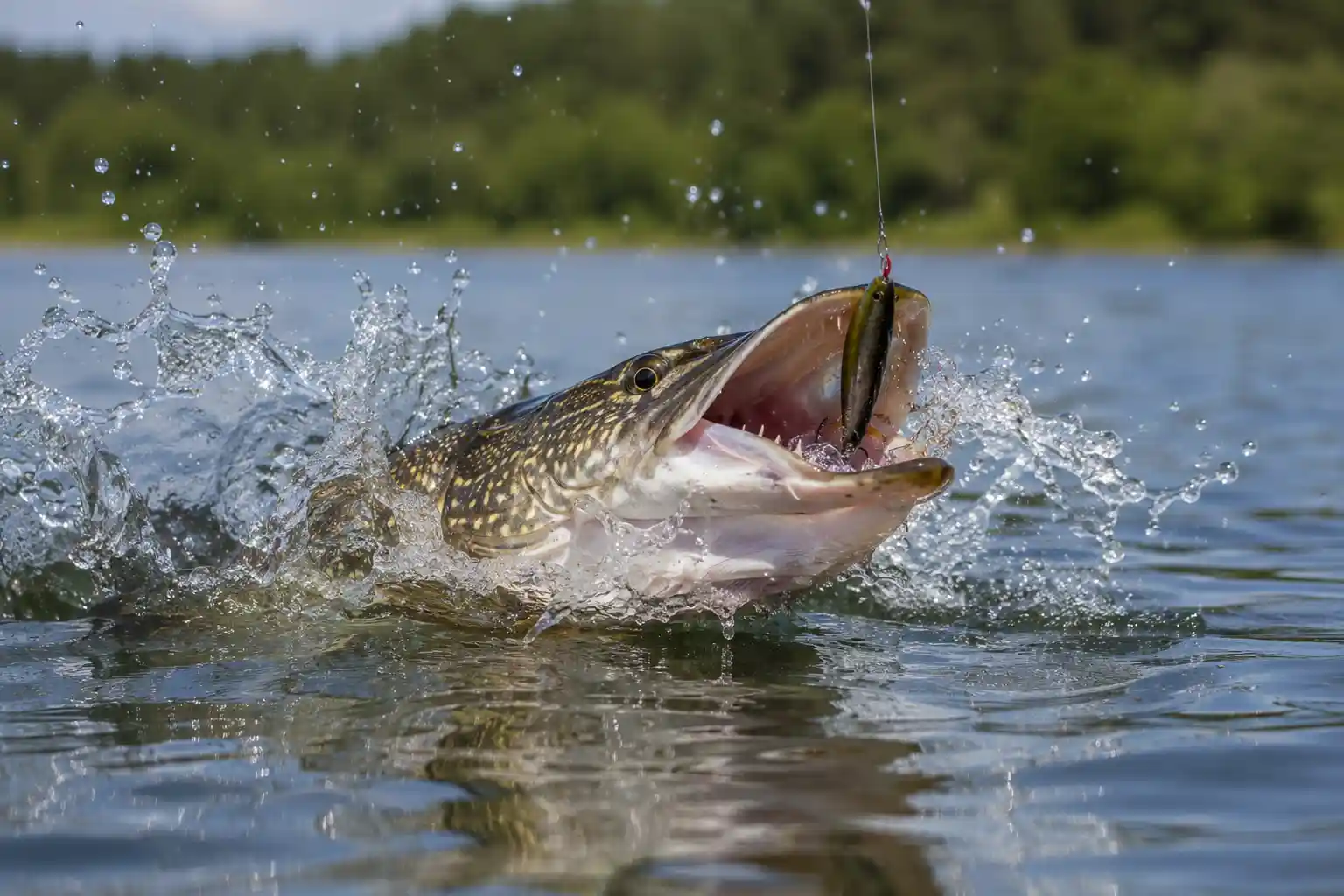 Northern pike striking a topwater lure at the surface, illustrating its aggressive, opportunistic feeding behavior