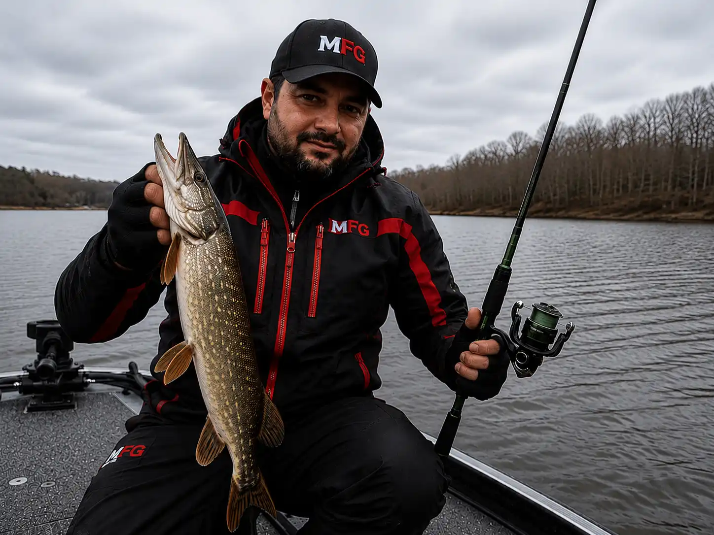 MFG angler holding a northern pike and spinning combo on a fishing boat