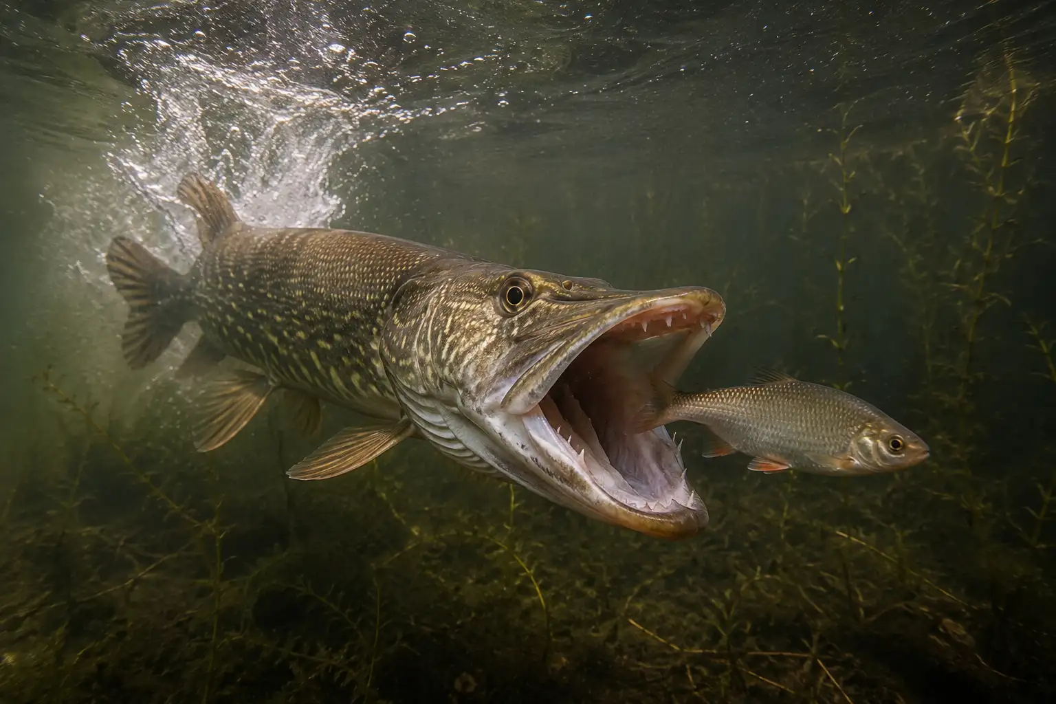 Northern pike attacking baitfish underwater, mouth open showing rows of sharp teeth