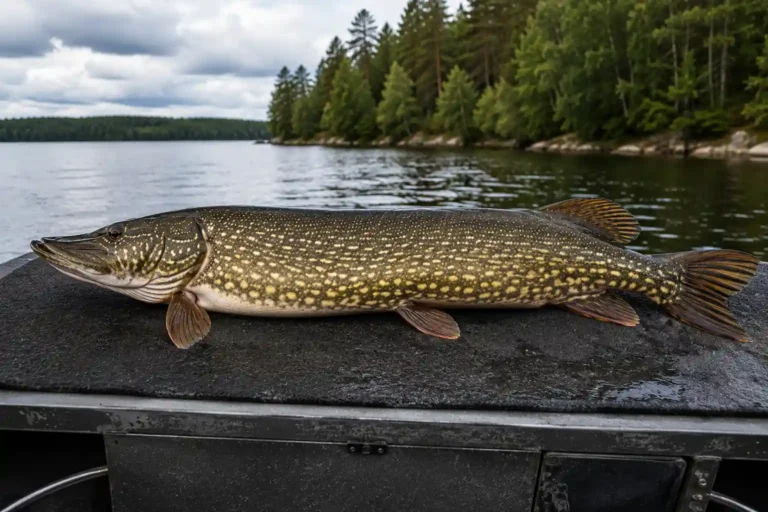 Northern pike lying on an unhooking mat, showing its full torpedo-shaped body and coloration