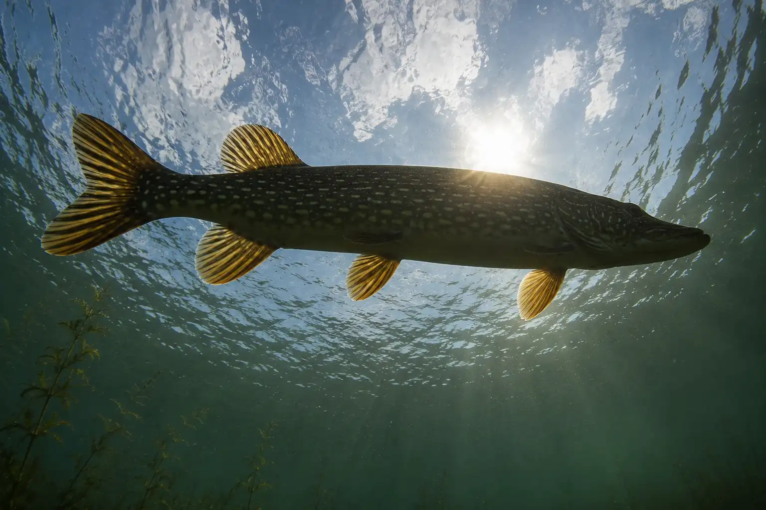 Northern pike viewed from below, showing its fin placement and body silhouette against the surface