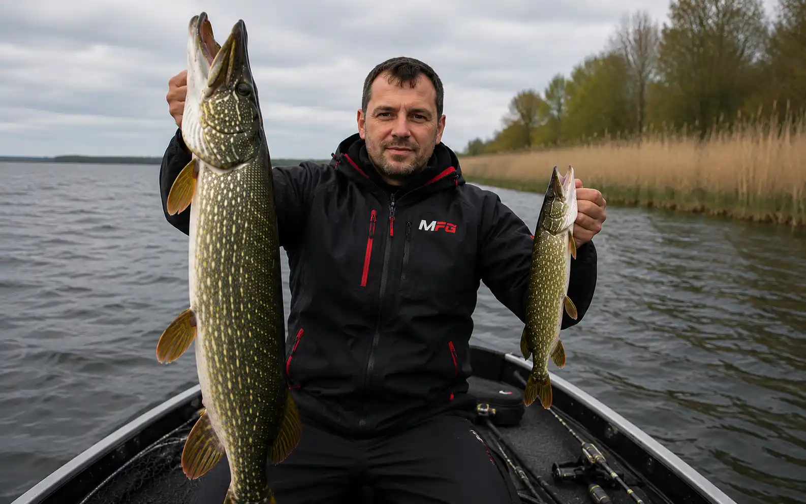MFG angler holding two northern pike of different sizes caught on the same fishing trip