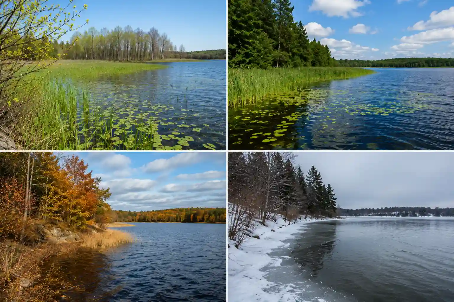 Freshwater lake showing pike habitat through all four seasons
