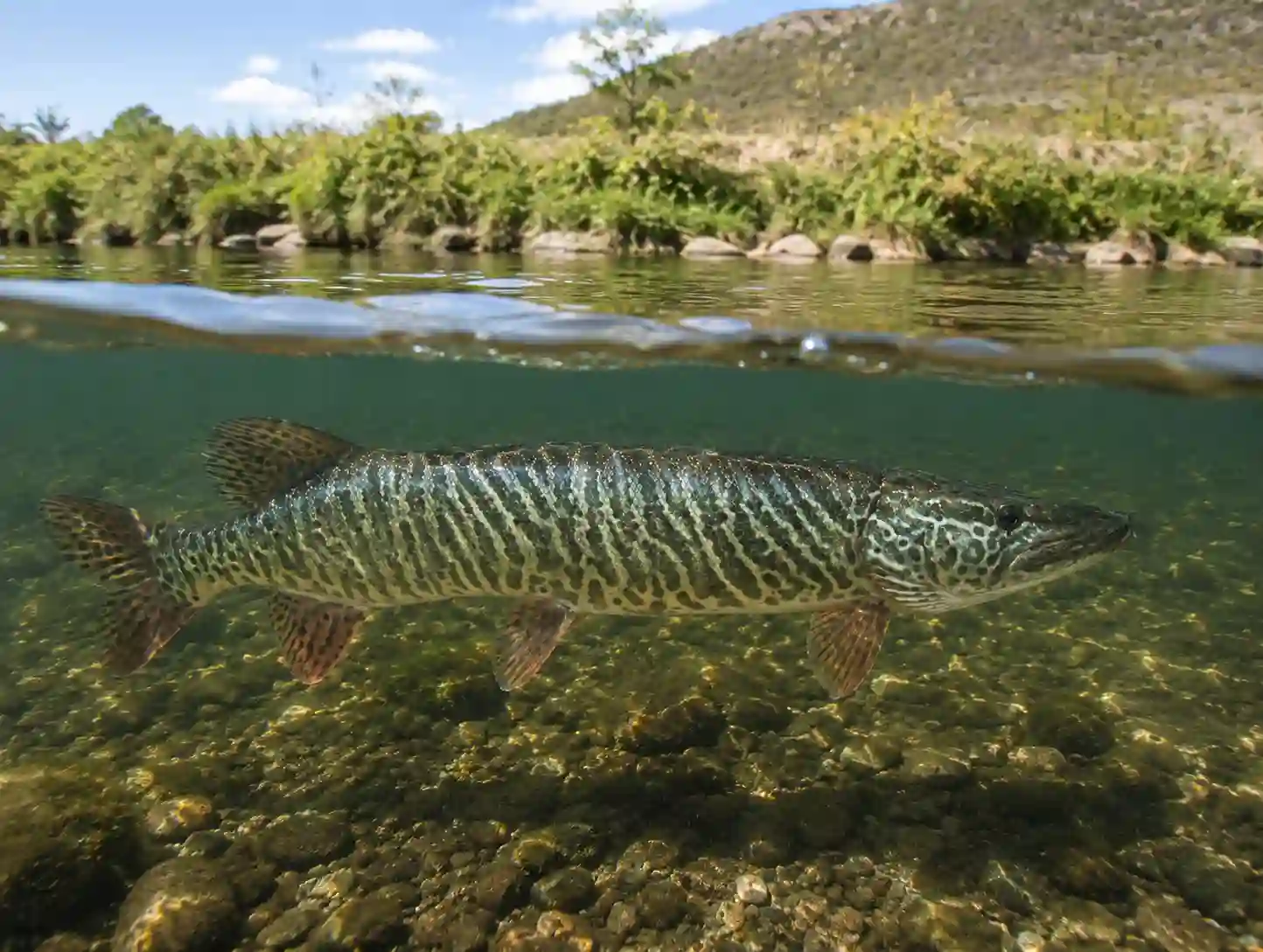 A tiger muskie showing its distinctive irregular, maze-like markings in a clear rocky stream