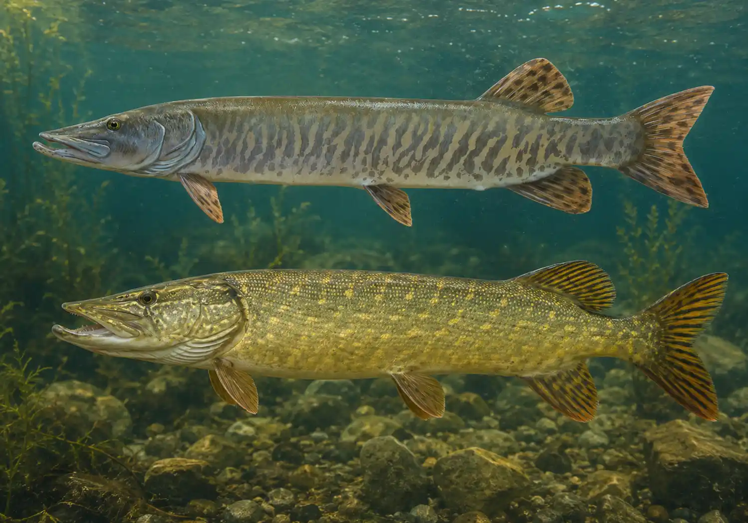 Side-by-side underwater comparison of a northern pike and a muskie, showing the light spots on the pike's darker body versus the dark vertical bars on the muskie's lighter body