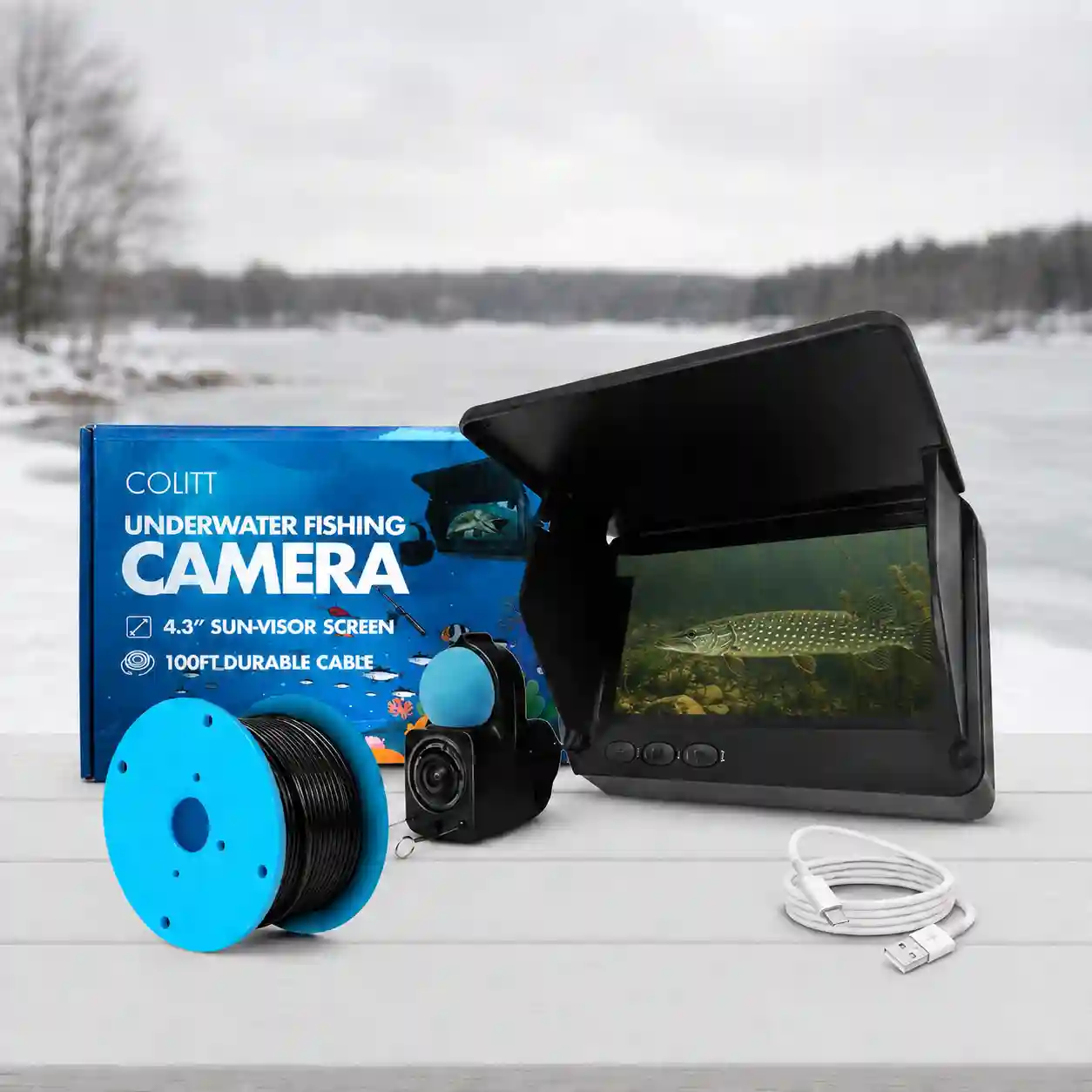 COLITT underwater fishing camera with 4.3-inch monitor, rod holder and 100-foot cable