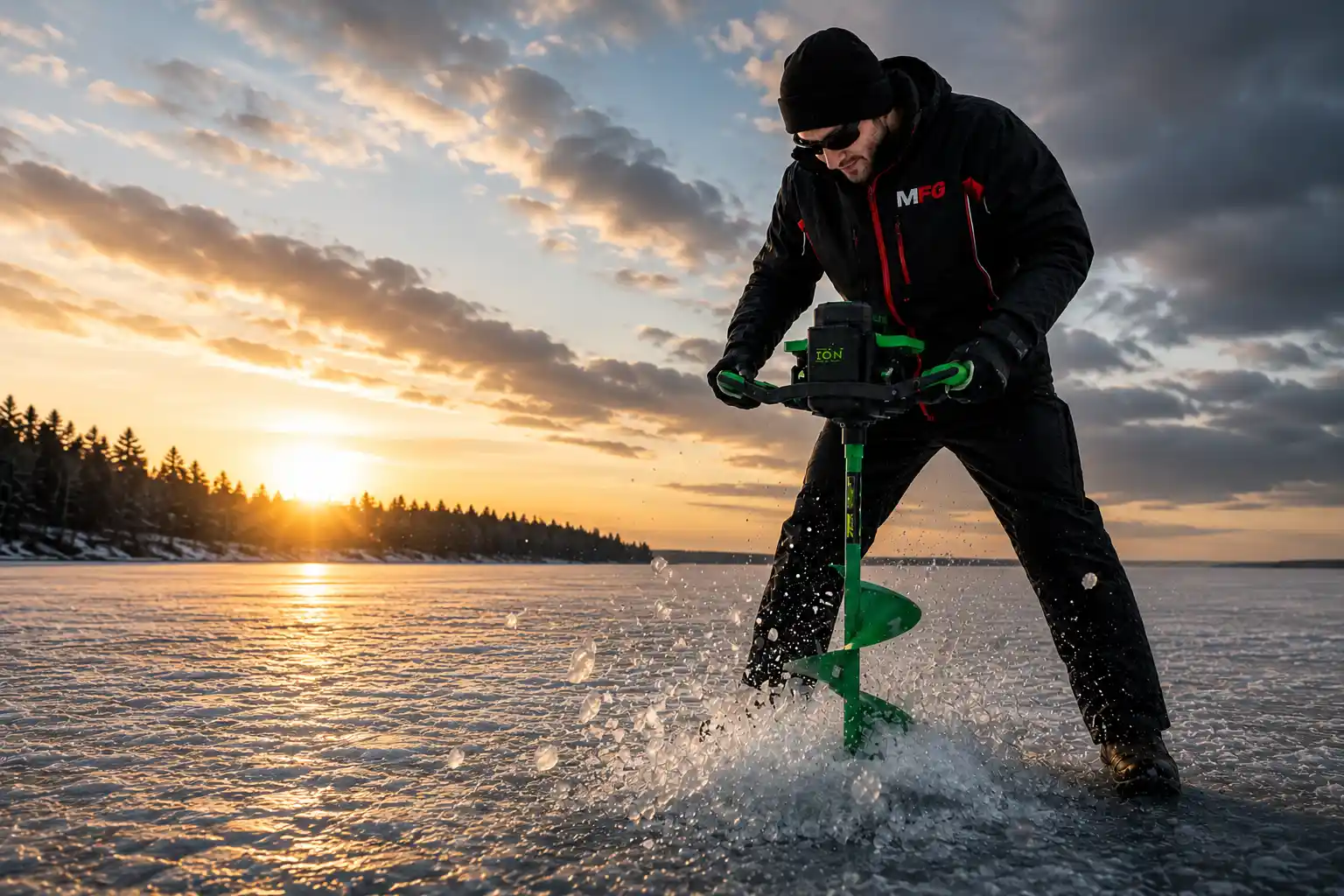 Best ice augers for pike fishing – angler drilling through ice in the early morning