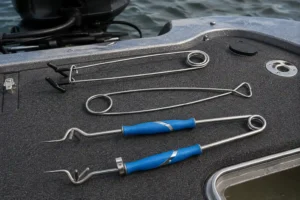 alt="MFG-tested pike mouth spreaders and jaw spreaders on a boat deck, ready for a day of pike fishing"