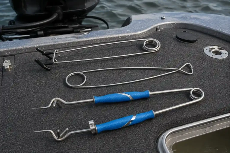 alt="MFG-tested pike mouth spreaders and jaw spreaders on a boat deck, ready for a day of pike fishing"