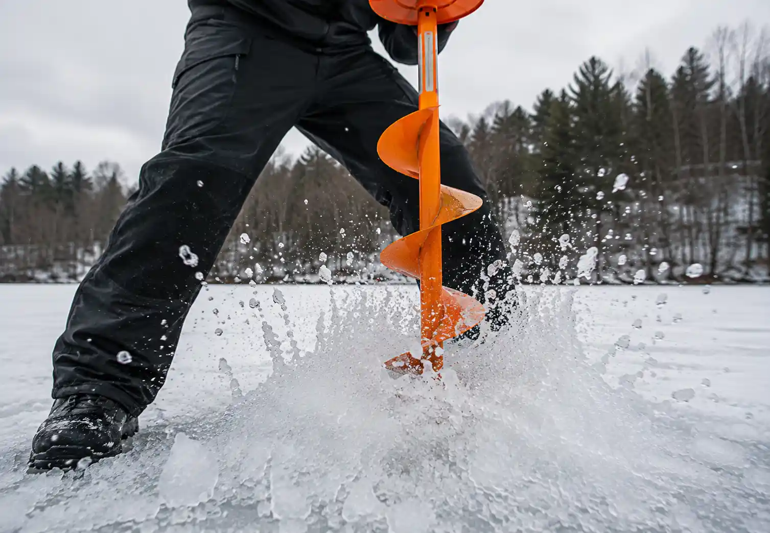 MFG testing an ice auger by drilling through pike ice