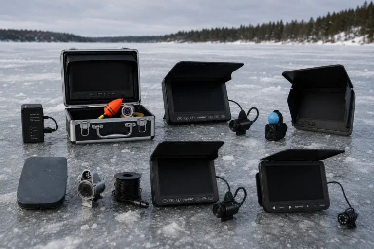 Underwater fishing camera systems laid out on ice, including monitors, cameras, cables, and battery packs