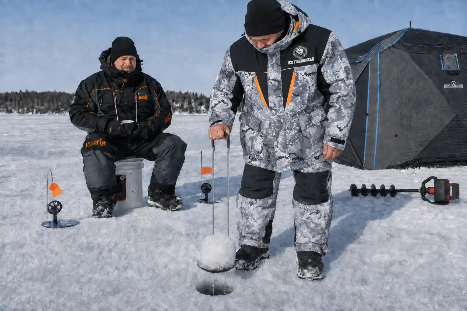 MFG testers wearing Nordic Legend Legendary Camo and NORFIN ELEMENT+ FLT suits while clearing slush
