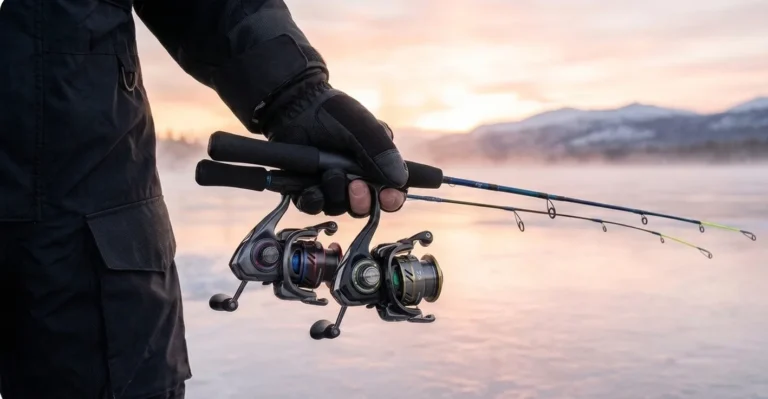 MFG angler holding two ice fishing combos for pike at dawn on a frozen lake