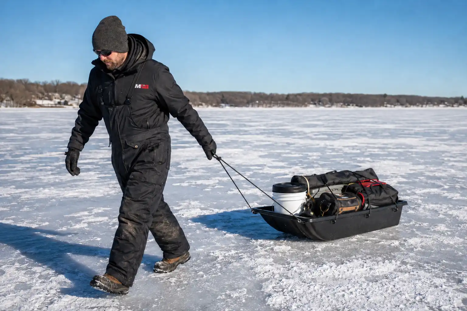 MFG angler pulling a loaded ice fishing sled across a frozen lake