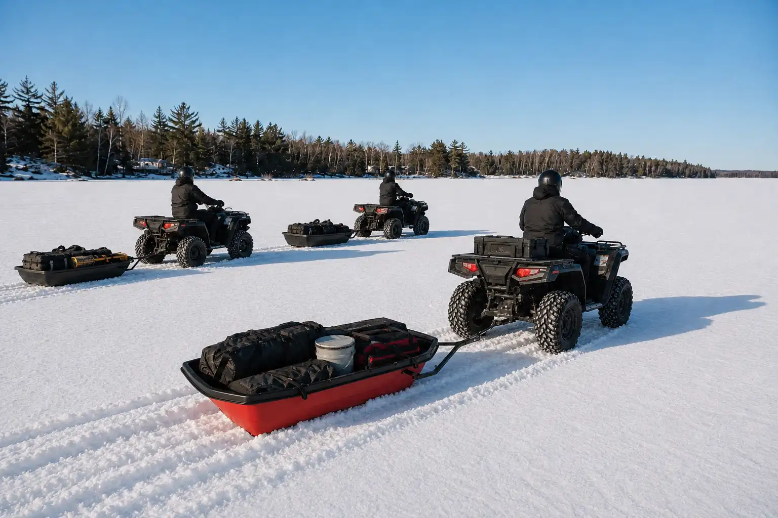 MFG testing ATVs towing loaded ice fishing sleds across a frozen lake