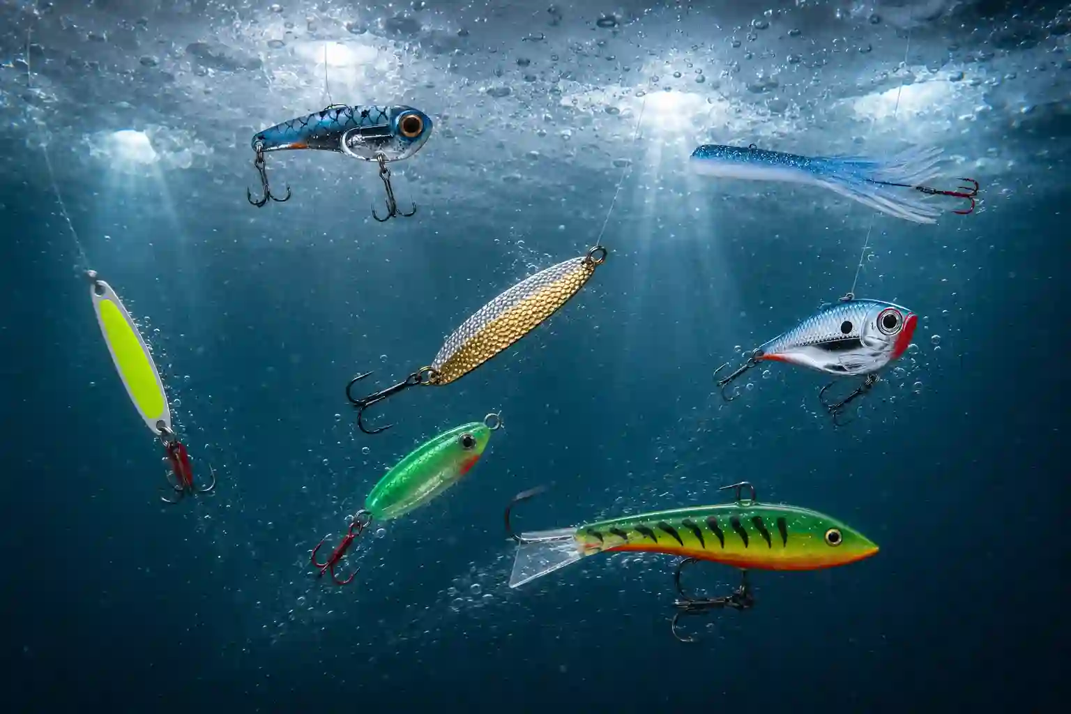 Seven types of ice fishing lures for pike showing different movements on the lift and fall beneath the ice