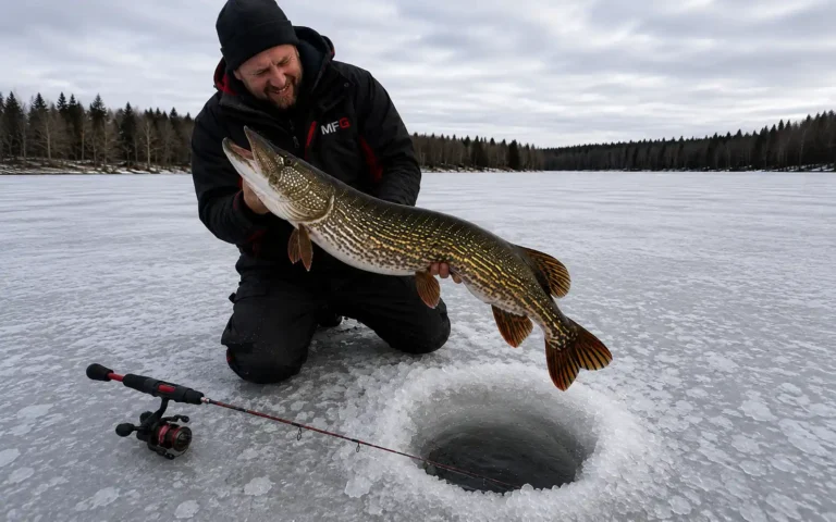 MFG angler displaying a northern pike alongside ice fishing rods used through a hole in frozen lake ice
