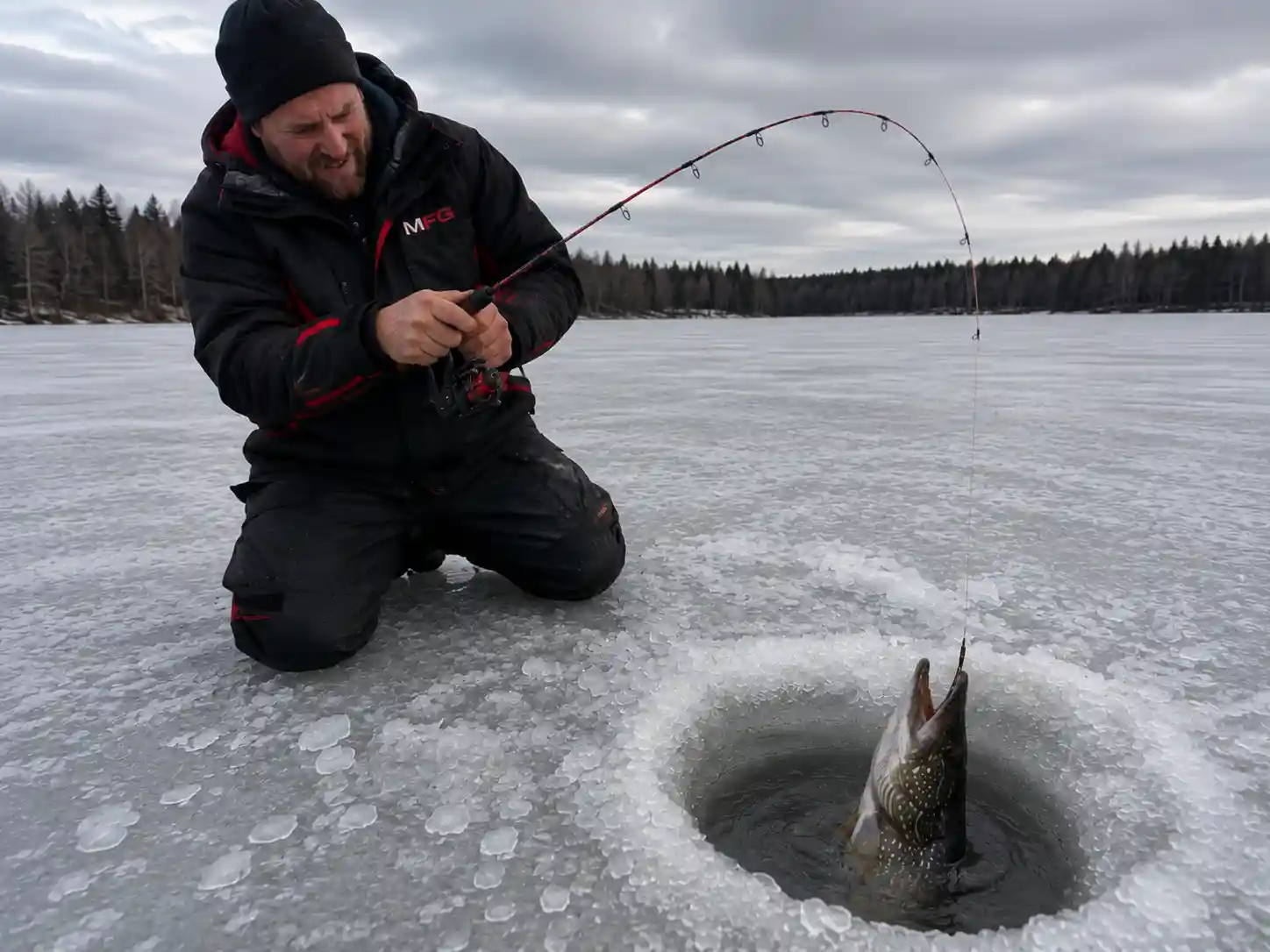MFG angler testing an ice fishing rod while setting the hook on a pike