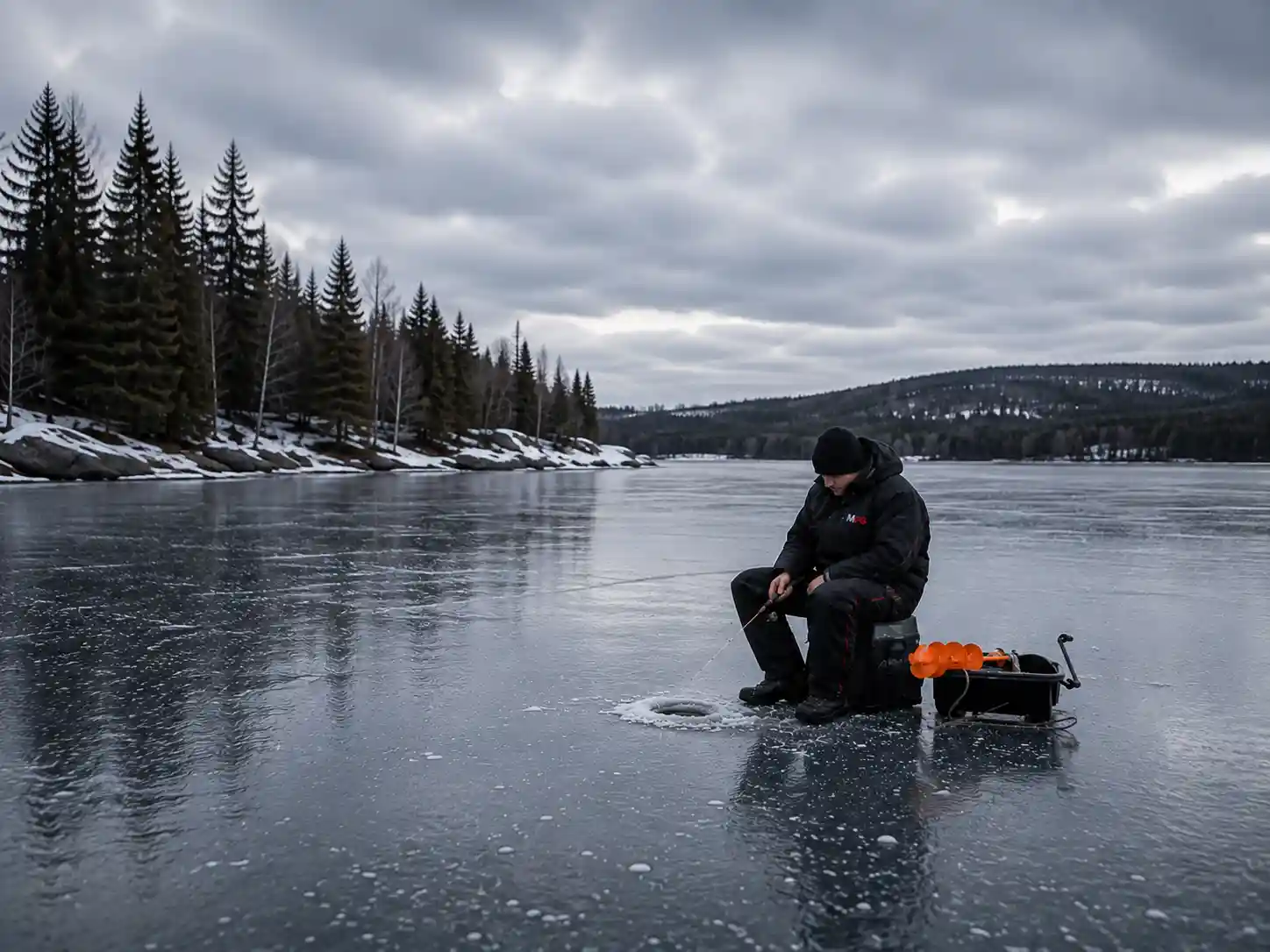 MFG angler jigging through the ice with a spinning reel over an open hole