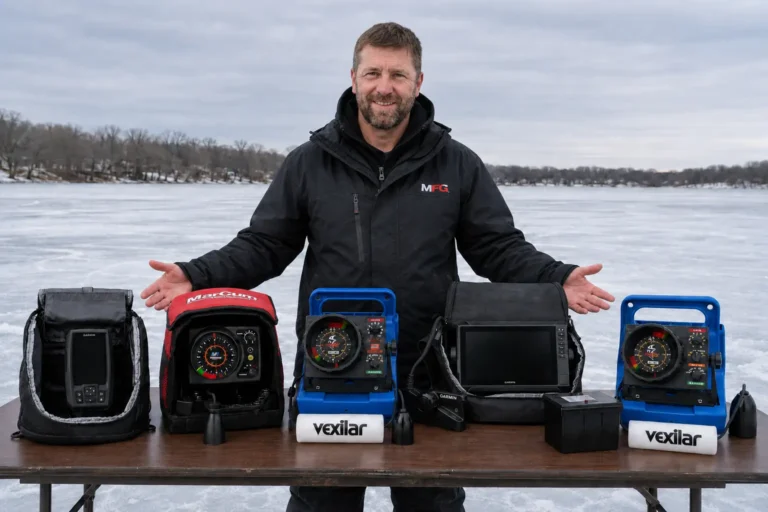 alt="MFG angler with five tested ice fishing fish finders including Vexilar, MarCum, and Garmin models"