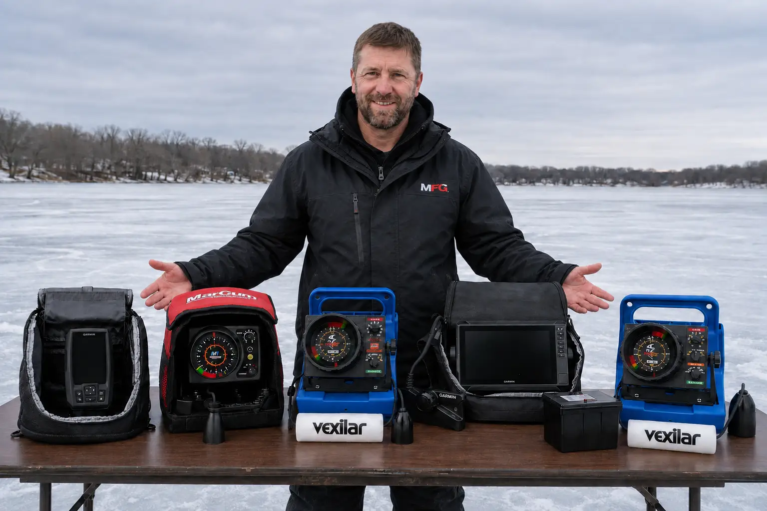 alt="MFG angler with five tested ice fishing fish finders including Vexilar, MarCum, and Garmin models"