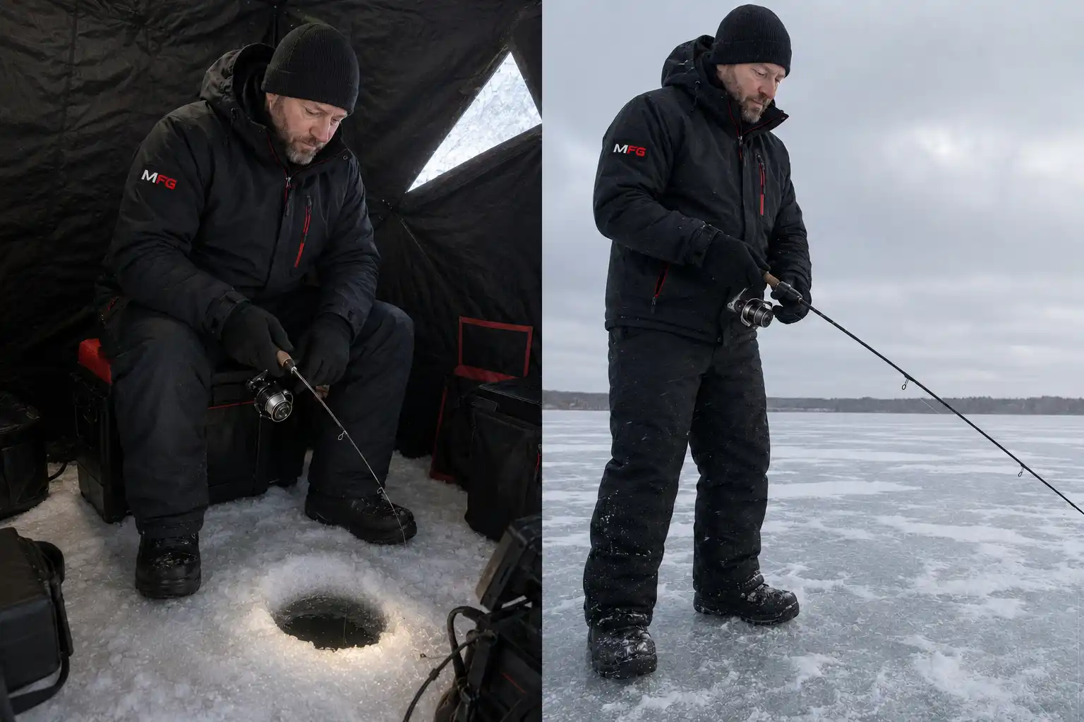 MFG angler ice fishing from a shelter versus open ice with different rod lengths