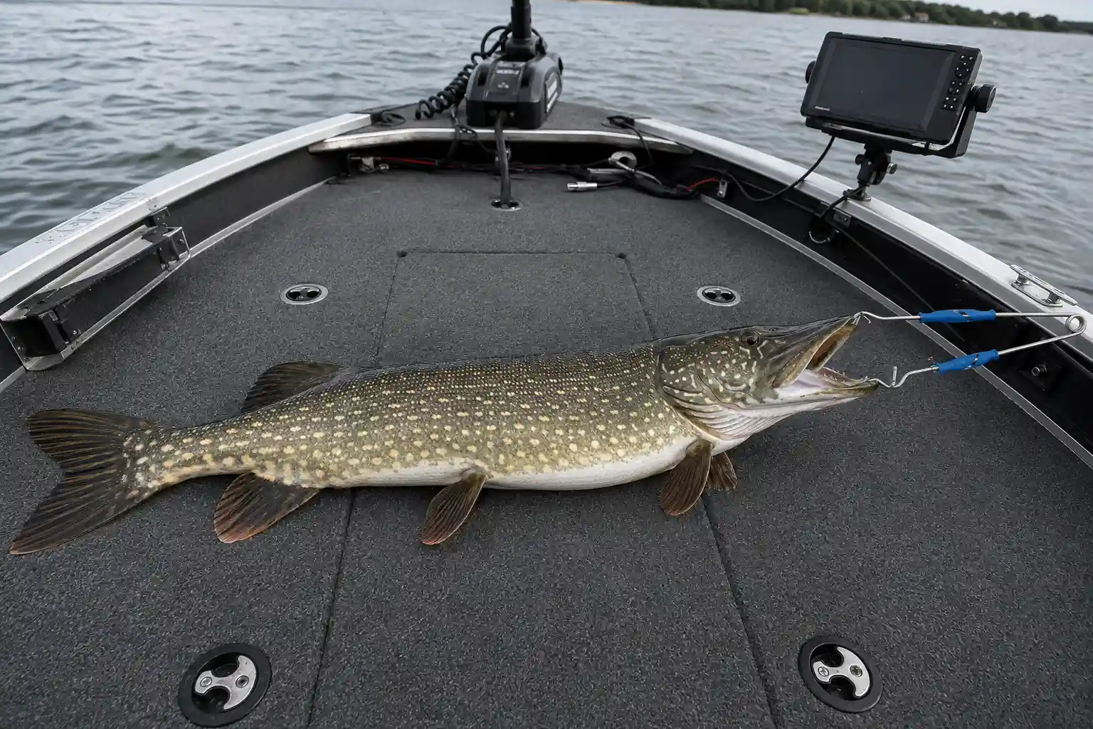 MFG angler using the CUDA jaw spreader to safely hold a northern pike's jaws open on the boat