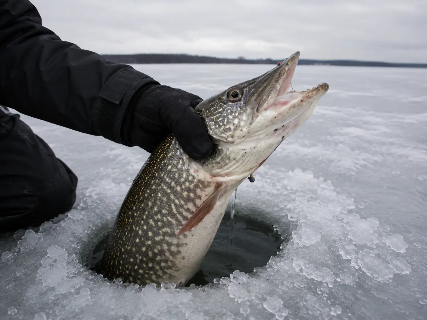 Landing a northern pike safely through an ice hole using gill plate grip