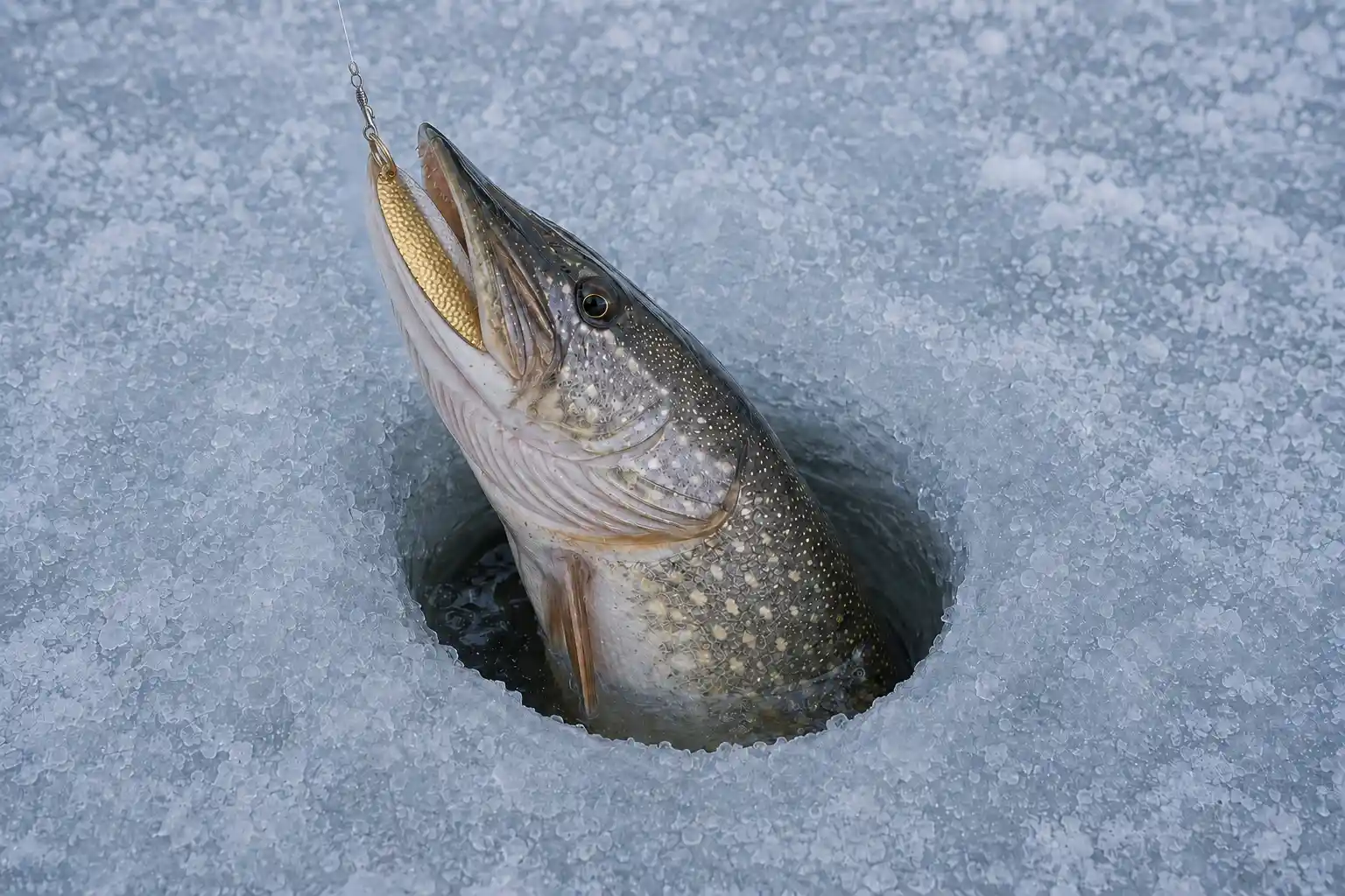 Northern pike caught through the ice with a Williams Wabler spoon still in its mouth